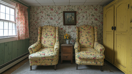 Cozy vintage seating area with floral armchairs and a yellow cabinet in a charming rustic room