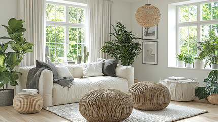 Stylish living room with natural light and cozy decor featuring plants and textured furnishings