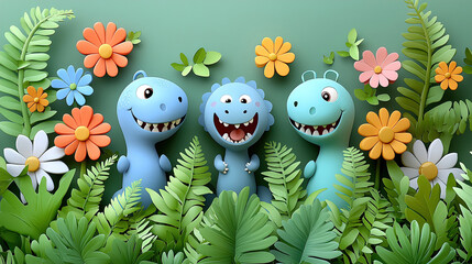 Colorful dinosaur characters playfully interacting in a vibrant floral setting during a sunny day in a whimsical garden