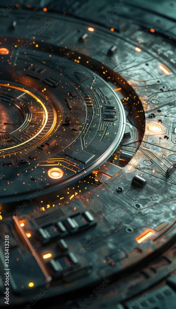 Poster futuristic microchip close-up with glowing circuits for technology design and innovation