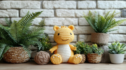 Unique handmade crocheted yellow dinosaur toy sits among vibrant greenery in a cozy setting