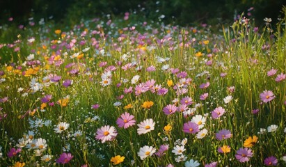 Vibrant wildflowers in a summer meadow bathed in sunlight.