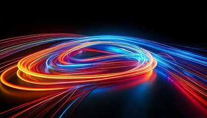 Glowing neon light trails forming curves isolated on dark themed background