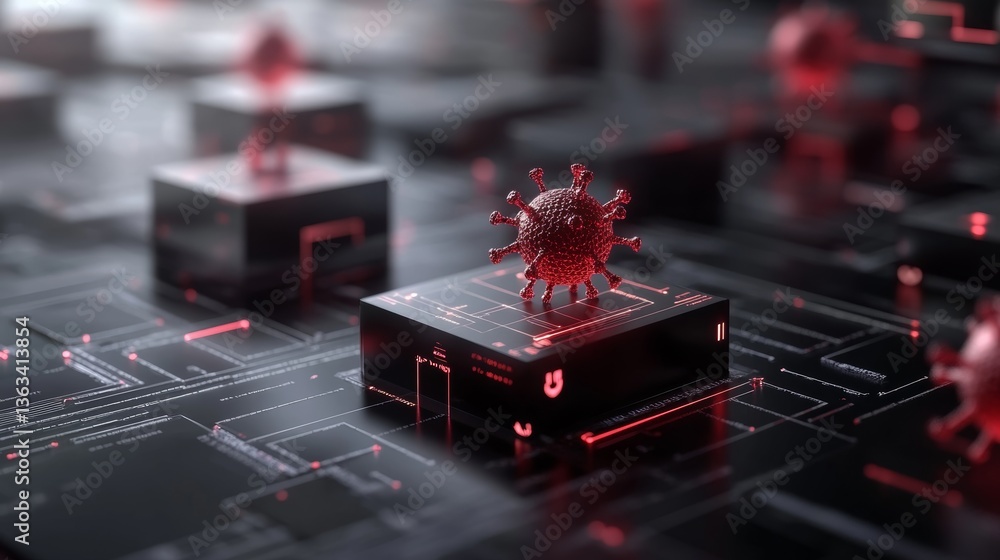 Poster digital representation of a virus interacting with technology in a futuristic environment