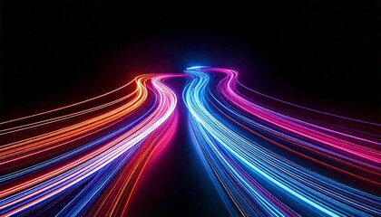 Glowing neon light trails forming curves isolated on dark themed background