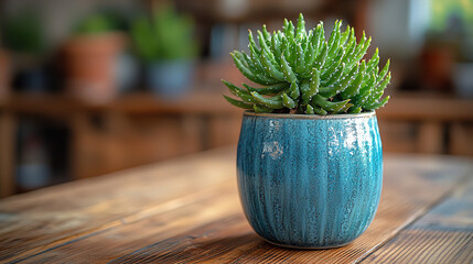 Potted succulent placed on a wooden table in a cozy indoor setting with soft lighting