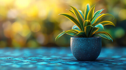 Vibrant indoor plant in a textured pot captures sunlight in a serene setting