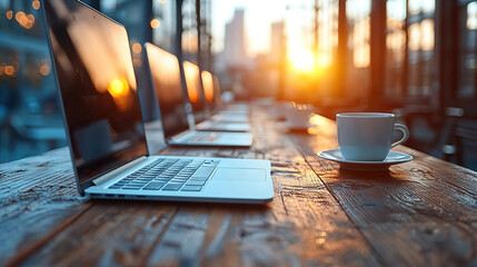 Sunset over laptops and a coffee cup in an outdoor workspace at a city cafe