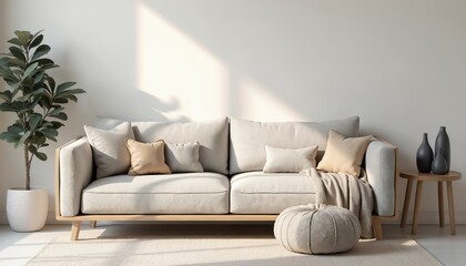 Cozy living room showcase interior design, simple neutral color scheme. Modern comfy sofa with natural decorating items, wooden furniture, treepot. Bright apartment living room for easy lifestyle,