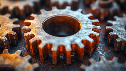 Rusty metal gears in close-up display intricate design and industrial texture under warm light