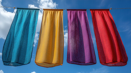 Colorful fabric banners sway in the breeze against a bright blue sky with fluffy white clouds