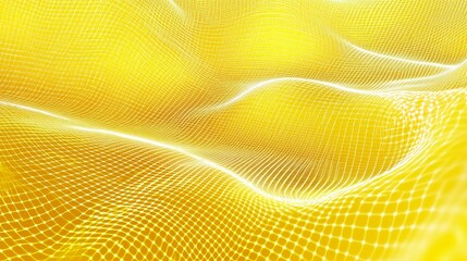 Fototapeta premium Bright yellow abstract netting grid waves background. Abstract yellow mesh texture with a wavy pattern. Golden gridded waves with sparkling lights. Golden particle wave abstract background