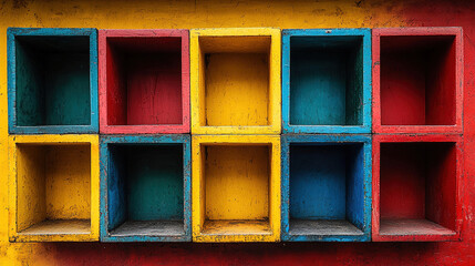 Colorful geometric blocks arranged in a grid pattern against a textured wall