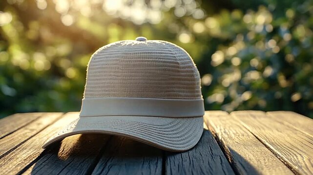 White baseball cap on wooden table, sunny outdoors