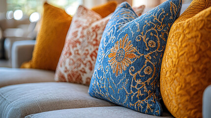 Colorful decorative pillows arranged on a modern couch in a well-lit living room