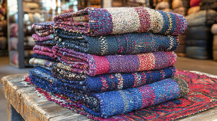 Textiles on display in a vibrant marketplace showcasing artisan-crafted fabric stacks in various colors and patterns
