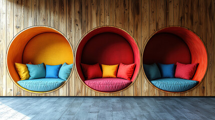 Cozy seating alcoves with colorful cushions in a modern interior design space