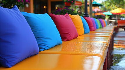 Colorful outdoor seating with vibrant cushions on a sunny day in a lively cafe setting