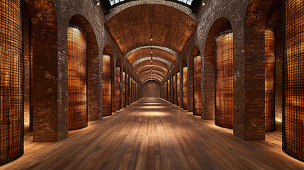 Elegant architectural hall with glowing columns in a modern urban space during the evening