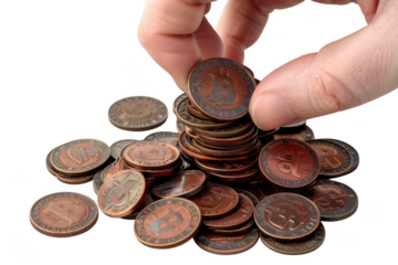 A hand holding Bitcoin coins on a transparent background.
