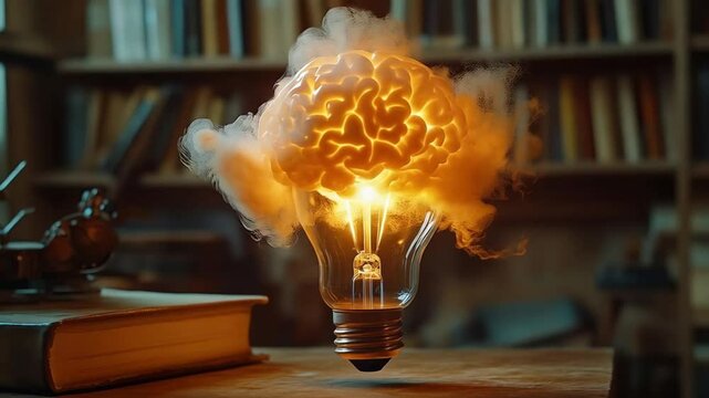Creative concept, illuminated brain inside a light bulb, artistic representation of ideas and innovation

