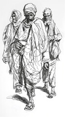 Obraz premium Sketch of men walking, one with a cane.