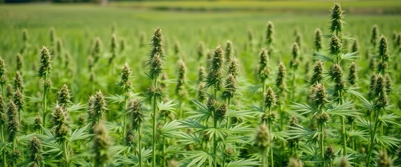 Obraz premium Wild hemp plants thriving in a rural field, tall stalks and lush green leaves, ecology, stalks