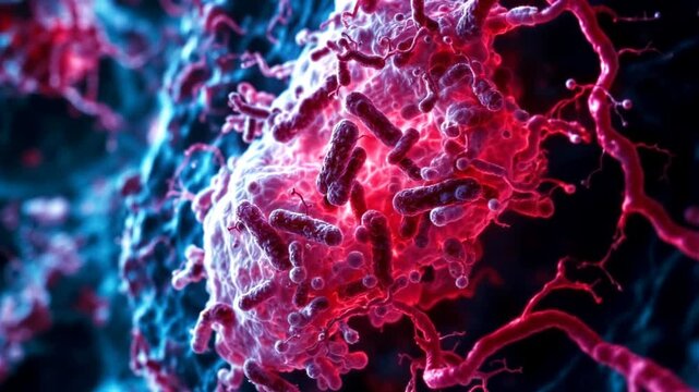 Tuberculosis bacteria in the lungs. Microscopic view of lung alveoli with rod-shaped, dark red Mycobacterium tuberculosis bacteria cluster on the pale pink air sacs, triggering inflammatory debris.