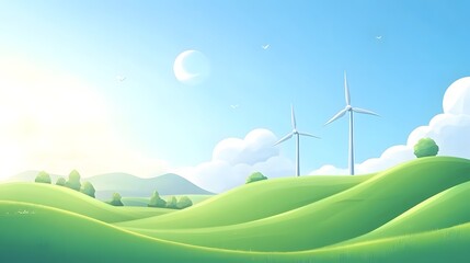 Fototapeta premium Renewable Energy's Embrace: Panoramic view captures wind turbines amidst rolling green hills under a radiant sky, a symbol of clean energy