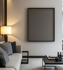 Modern living room with empty frame, sofa, lamp, and coffee table.