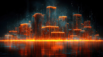 Naklejka premium Futuristic city skyline illuminated by orange neon lights at night with a reflective water surface