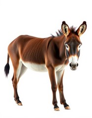 Obraz premium A lone domestic donkey stands against a pure white background, domestic donkey, standing, one