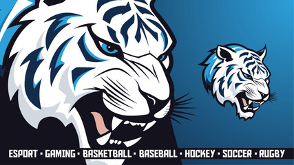 Snow Tiger Mascot Head - Fierce Blue & White Esports Logo for Gaming Teams (Hockey, Soccer, Basketball)