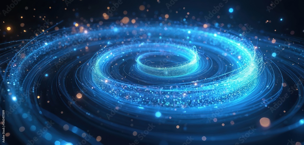 Poster Illustration of blue light spiral with glowing particles, dynamic vortex on dark background. Cosmic, abstract, futuristic design with glowing particles. High tech visualization, energy flow. 3D