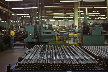 Manufacturing Factory Interior with Metal Rods and Industrial Machinery