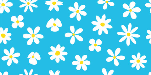 Cartoon flower daisy seamless pattern, spring chamomile background, cute baby camomile bg, white and blue color groovy print, fun plant textile, comic floral pattern. Funky blossom vector illustration