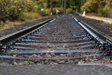 Fototapeta premium Macro-style image of train tracks from a low angle, showing texture, gravel, and fall surroundings