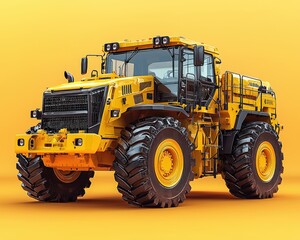 Bright yellow heavy machinery on a solid orange background, showcasing its robust design