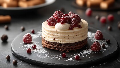 Elegant Miniature Raspberry Cheesecake on Dark Slate Plate