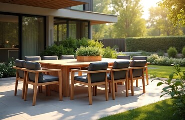 Fototapeta premium Modern outdoor dining area with wooden table chairs. Patio garden setting, house backyard view with dining table. Green grass foliage with modern house in background. Summer vacation leisure.