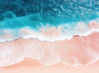 Fototapeta premium Aerial View of Ocean Waves Crashing on Pink Sand Beach Shoreline