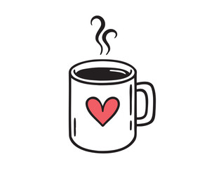 Mug of hot drink with cute doodle heart isolated hand drawn icon. Outline drawing cup with hot coffee or tea line clipart symbol