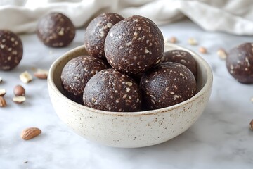 A bowl of delicious no-bake chocolate protein balls with nuts