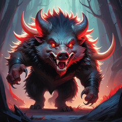 Wild Boar with Glowing Eyes in Forest, AI Generated Digital Art with Dynamic Shapes and Colors