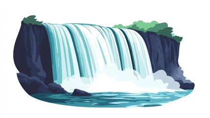 Majestic waterfall cascading over cliffs, lush greenery background, nature scene, travel brochure