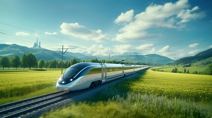A photo of a modern train speeding through scenic view