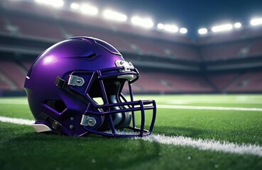 Fototapeta premium Purple American football helmet rests on green field with stadium lights in background. Sports gear protection. Helmet, field, grass, game, team, sport concept. Ready for game, competition.
