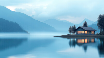 Tranquil lakeside cabin surrounded by mountains in a foggy morning setting at dawn