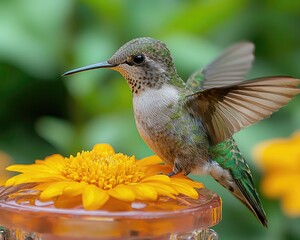 Hummingbird Perched on Vibrant Flower with Natural Green Background