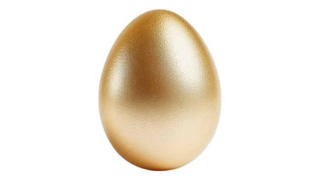 Close-up of a realistic golden Easter egg on a plain white background with no shadows, capturing elegance and sophistication for Easter.